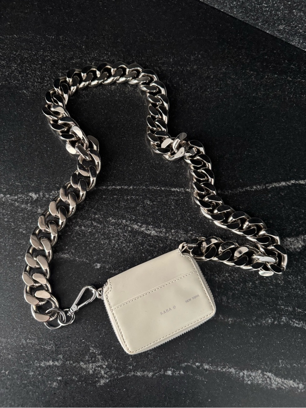 White Leather Crossbody Card Case with Chunky Silver Chain
